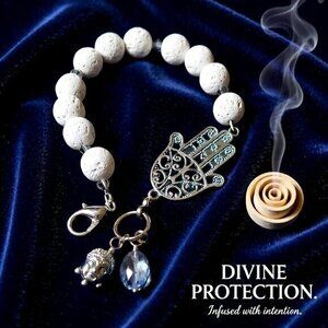 White Lava Bead Bracelet | Hamsa Hand & Buddha Charms | Blessings & Protection